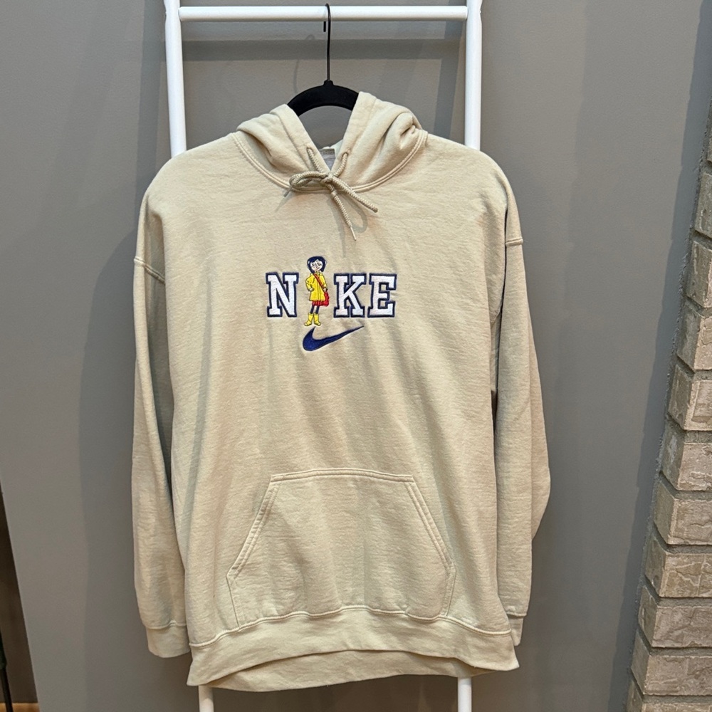 Custom Beige Hoodie with Coraline and Nike Embroidery